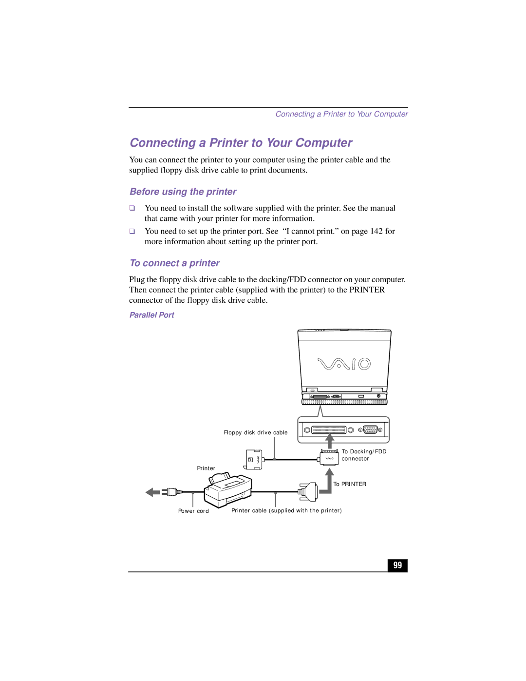 Sony PCG-XG700 manual Connecting a Printer to Your Computer, Before using the printer, To connect a printer, Parallel Port 