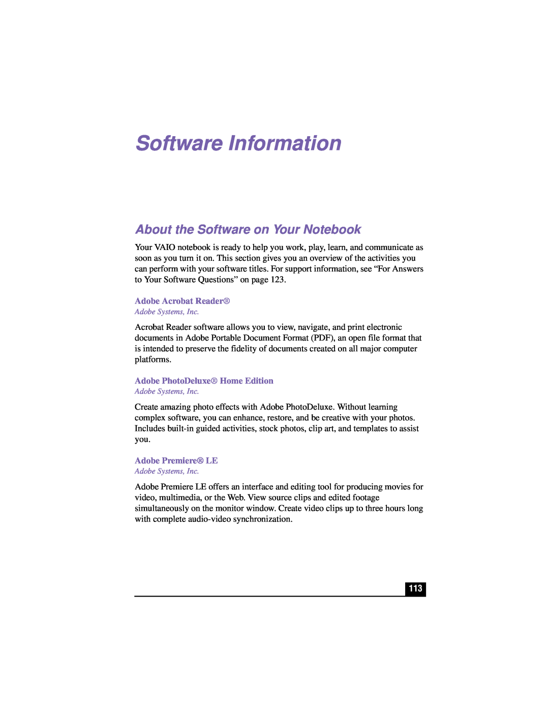 Sony PCG-XG500 manual Software Information, About the Software on Your Notebook, Adobe Acrobat Reader, Adobe Premiere LE 