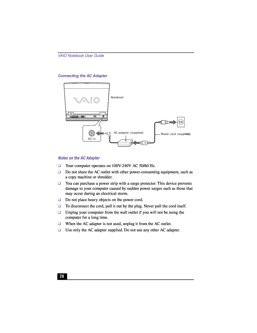 Sony PCG-XG700K, PCG-XG500K manual Notes on the AC Adapter 