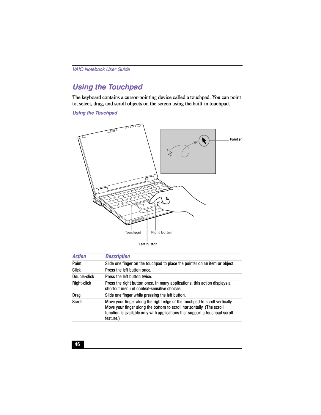 Sony PCG-XG500K, PCG-XG700K manual Using the Touchpad, Action, Description, VAIO Notebook User Guide 