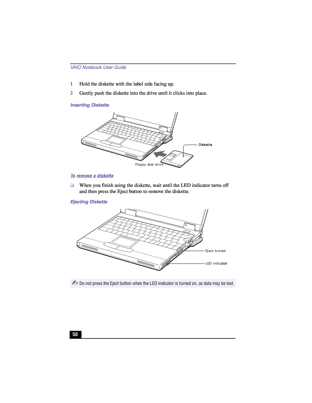 Sony PCG-XG500K, PCG-XG700K manual To remove a diskette 
