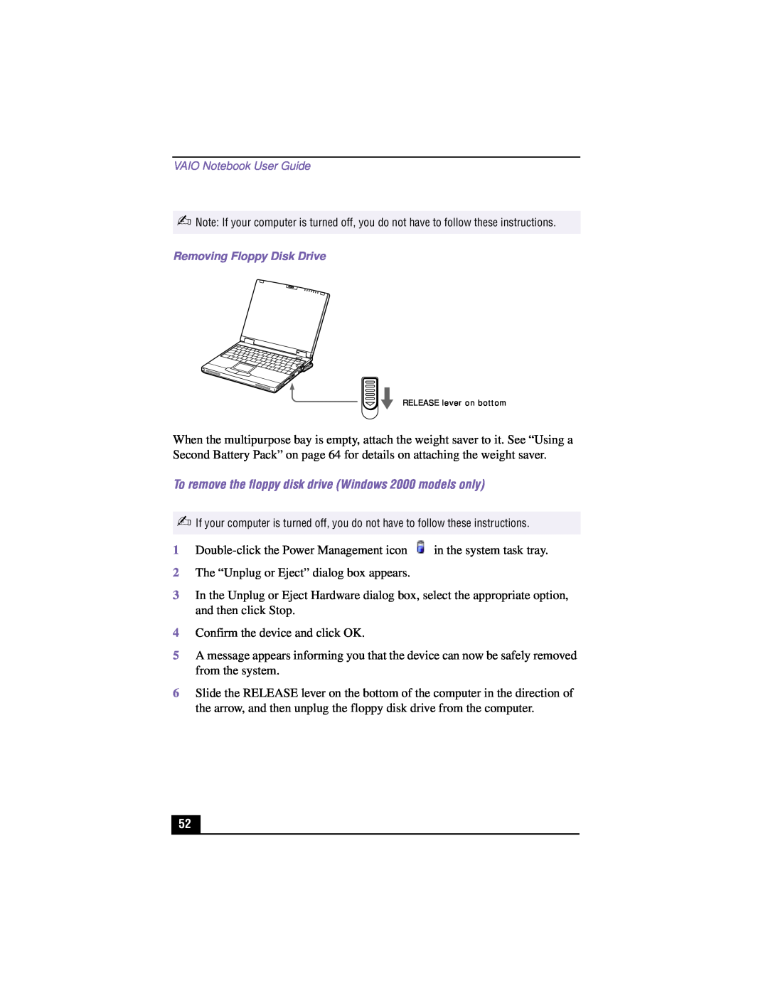 Sony PCG-XG700K, PCG-XG500K manual To remove the floppy disk drive Windows 2000 models only 