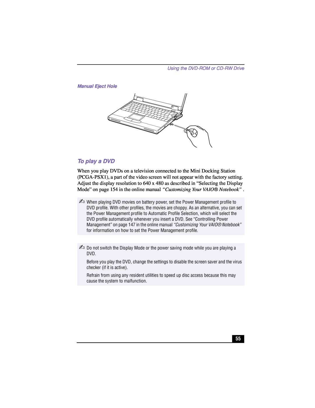 Sony PCG-XG700K, PCG-XG500K manual To play a DVD, Using the DVD-ROM or CD-RW Drive, Manual Eject Hole 