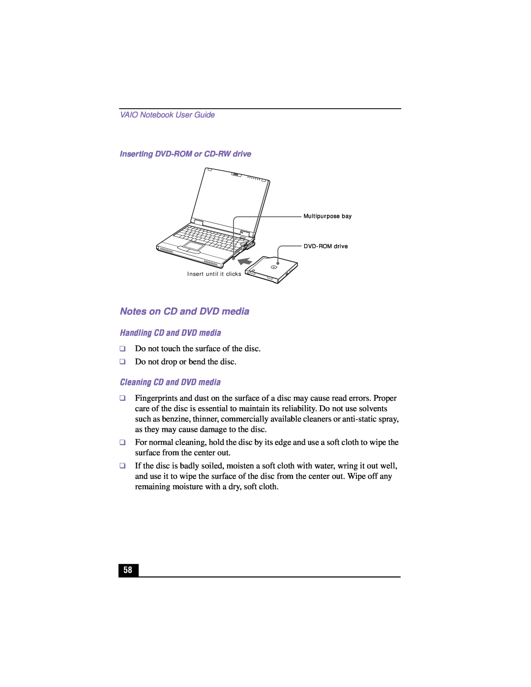 Sony PCG-XG500K, PCG-XG700K manual Notes on CD and DVD media, Handling CD and DVD media, Cleaning CD and DVD media 