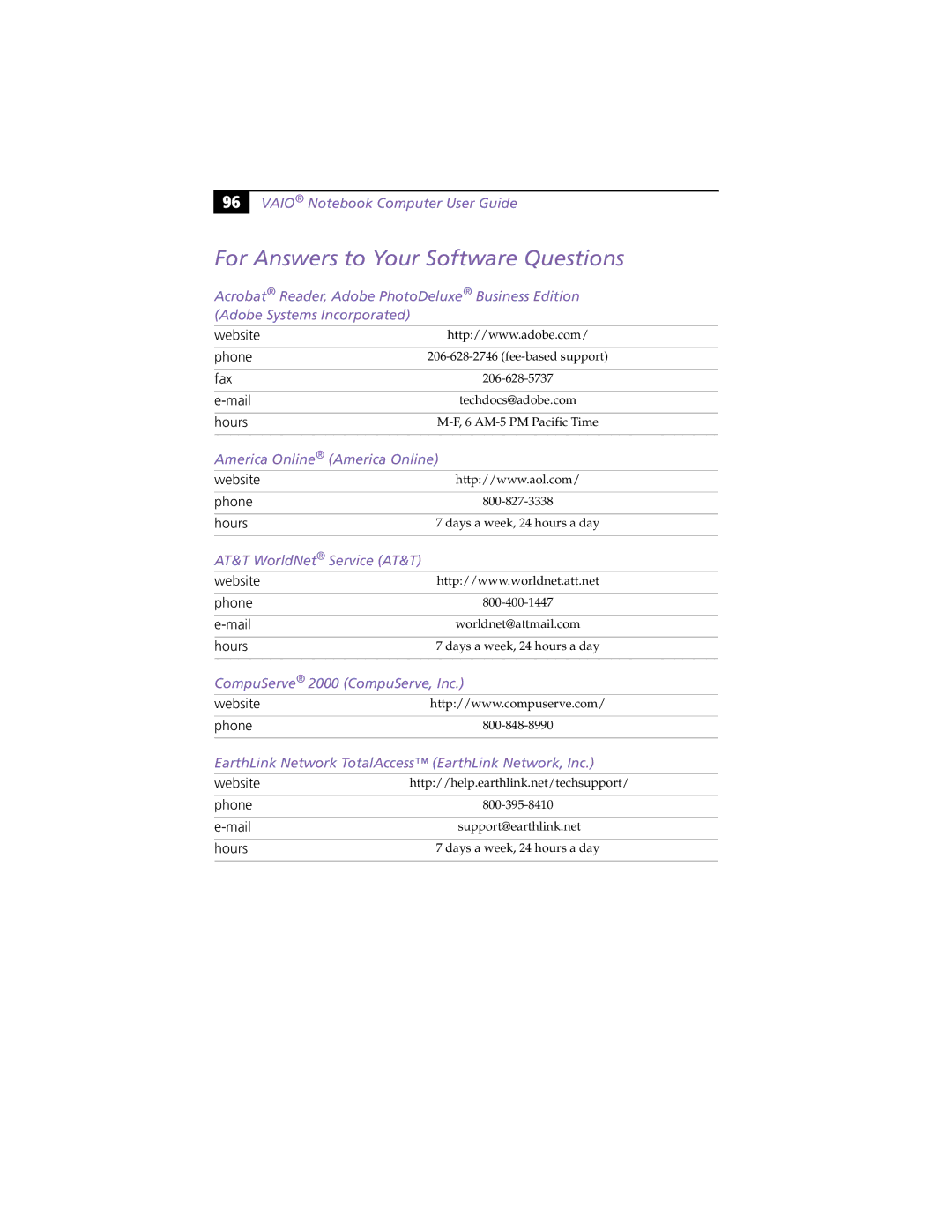 Sony PCG-XG9 manual For Answers to Your Software Questions, America Online America Online, AT&T WorldNet Service AT&T 