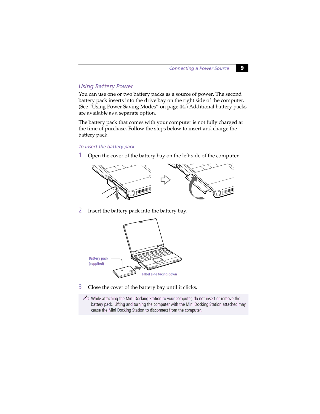 Sony PCG-XG9 manual Using Battery Power, Connecting a Power Source, To insert the battery pack 