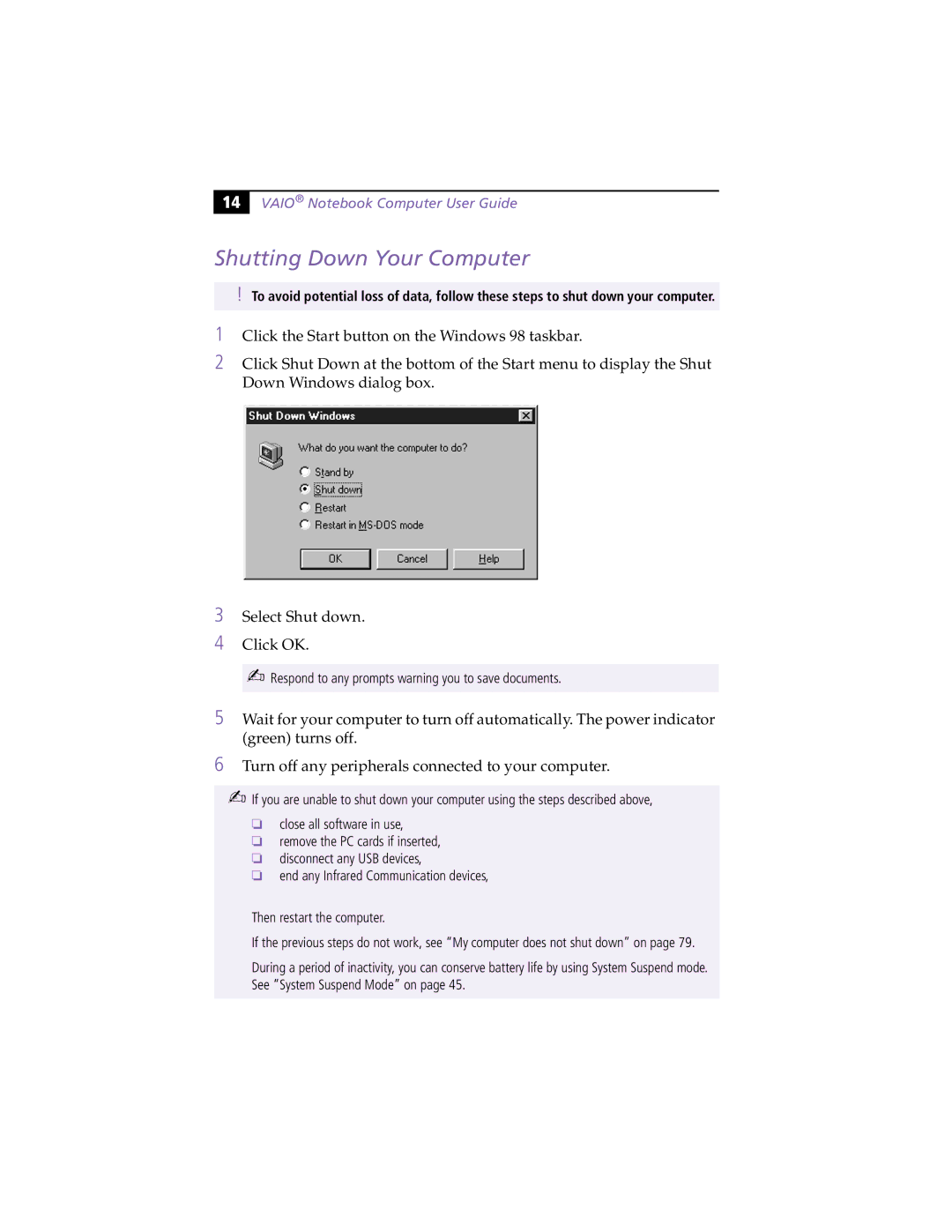 Sony PCG-XG9 manual Shutting Down Your Computer, Vaio Notebook Computer User Guide 