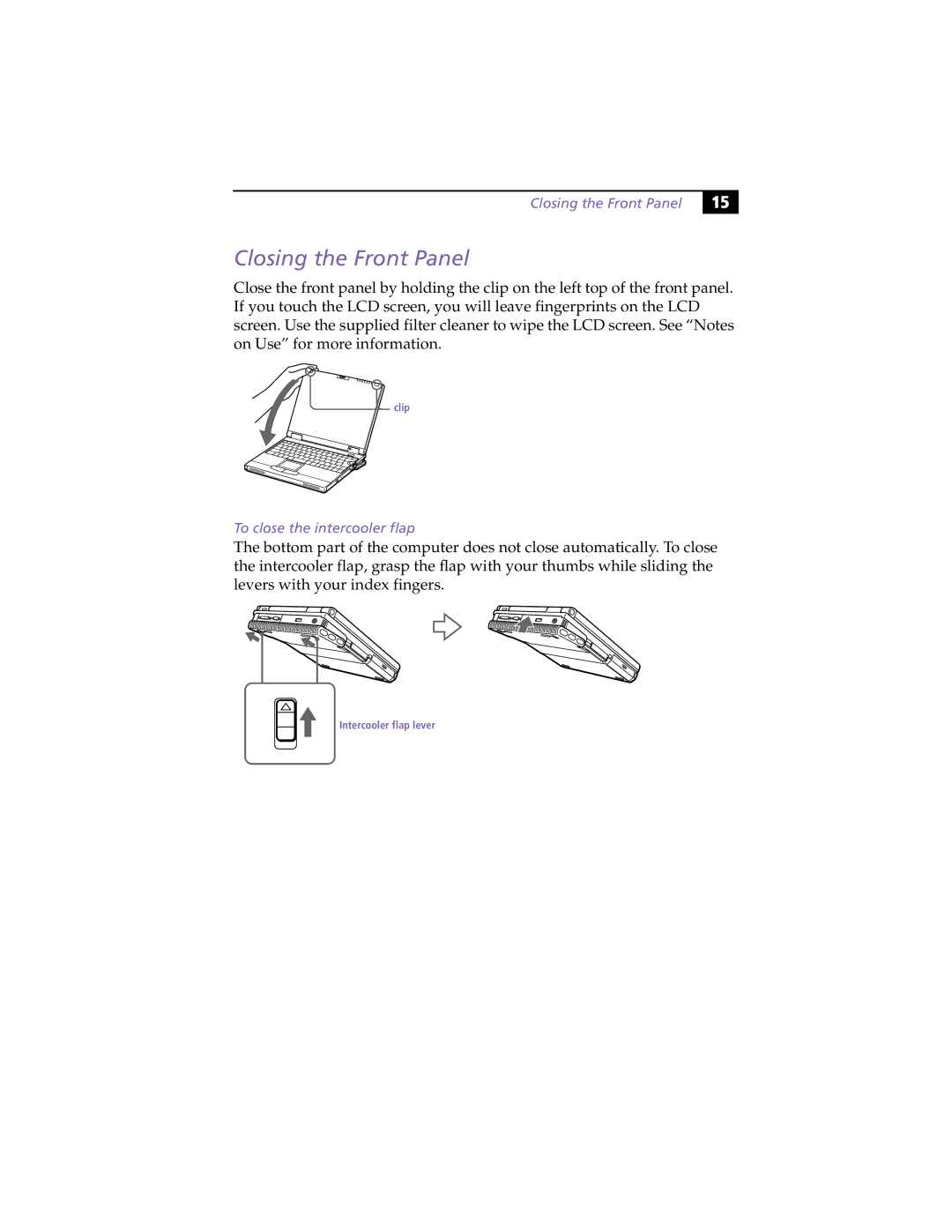 Sony PCG-XG9 manual Closing the Front Panel, To close the intercooler flap 