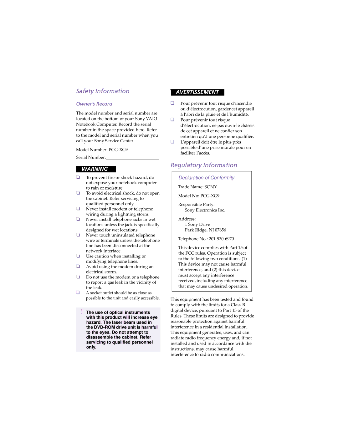 Sony PCG-XG9 manual Safety Information, Regulatory Information, Owner’s Record 