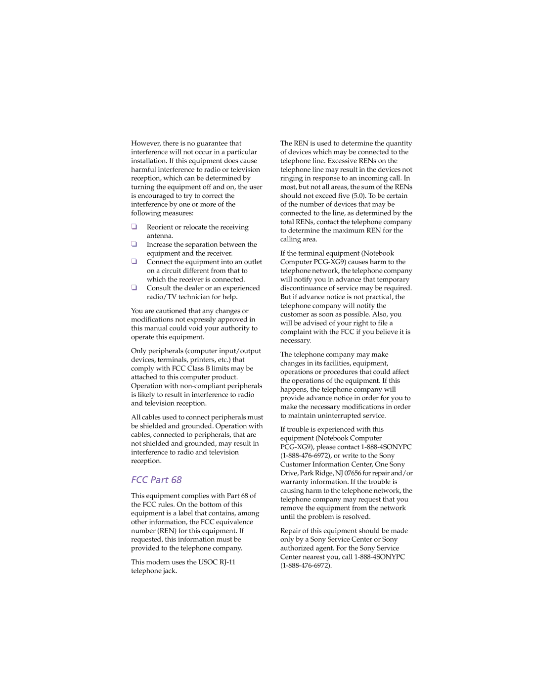 Sony PCG-XG9 manual FCC Part 