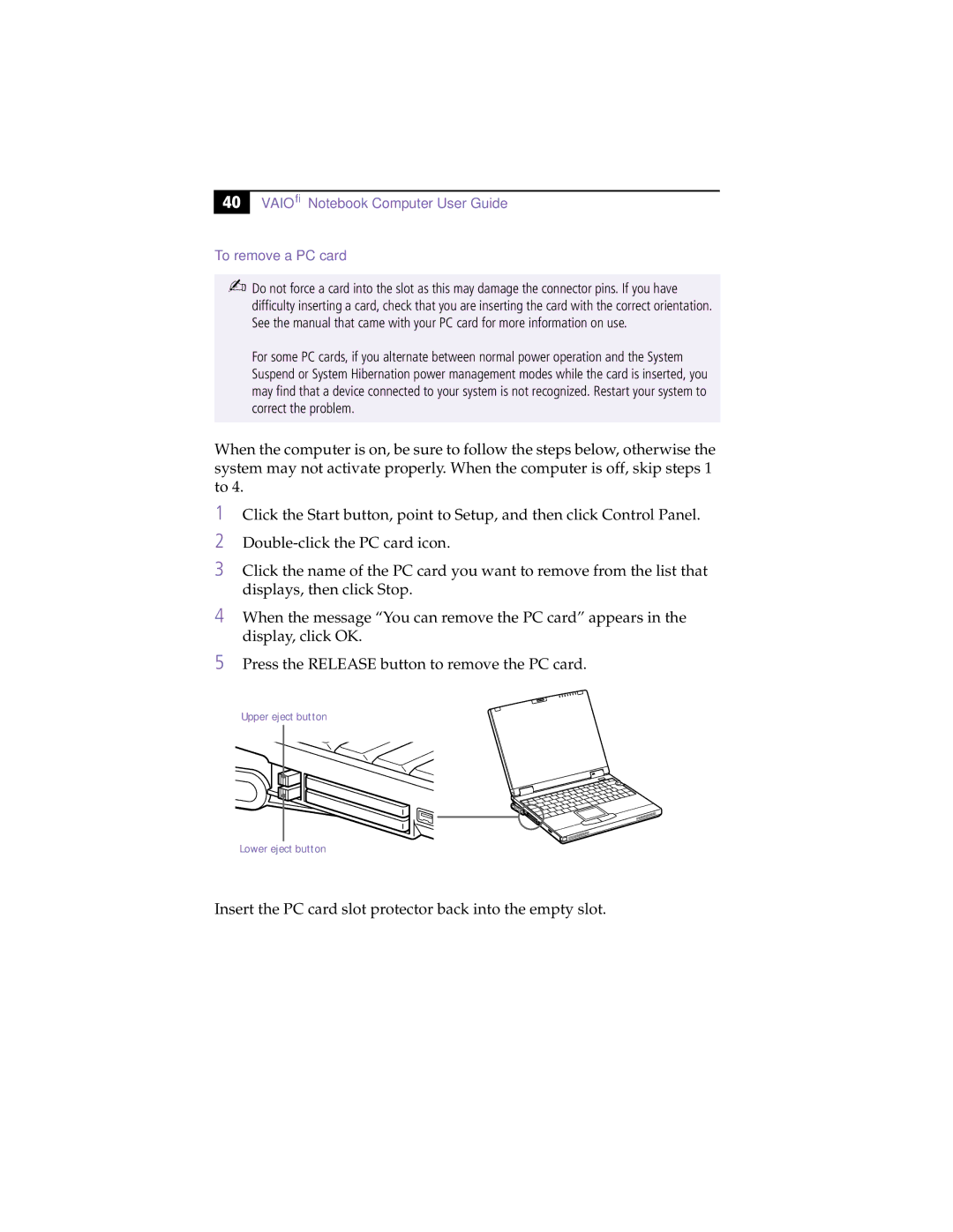 Sony PCG-XG9 manual Vaio Notebook Computer User Guide To remove a PC card 