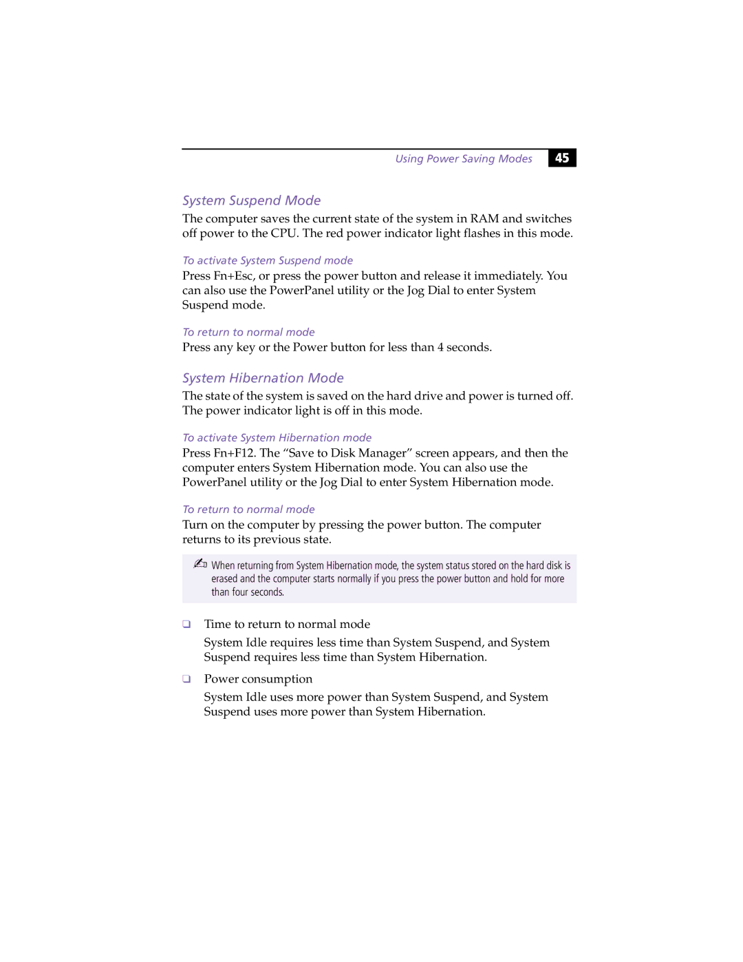 Sony PCG-XG9 manual System Suspend Mode, System Hibernation Mode, Using Power Saving Modes, To activate System Suspend mode 