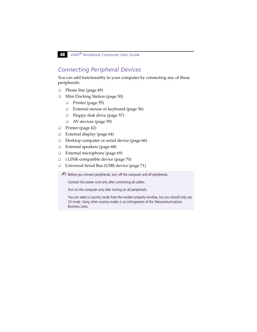 Sony PCG-XG9 manual Connecting Peripheral Devices 