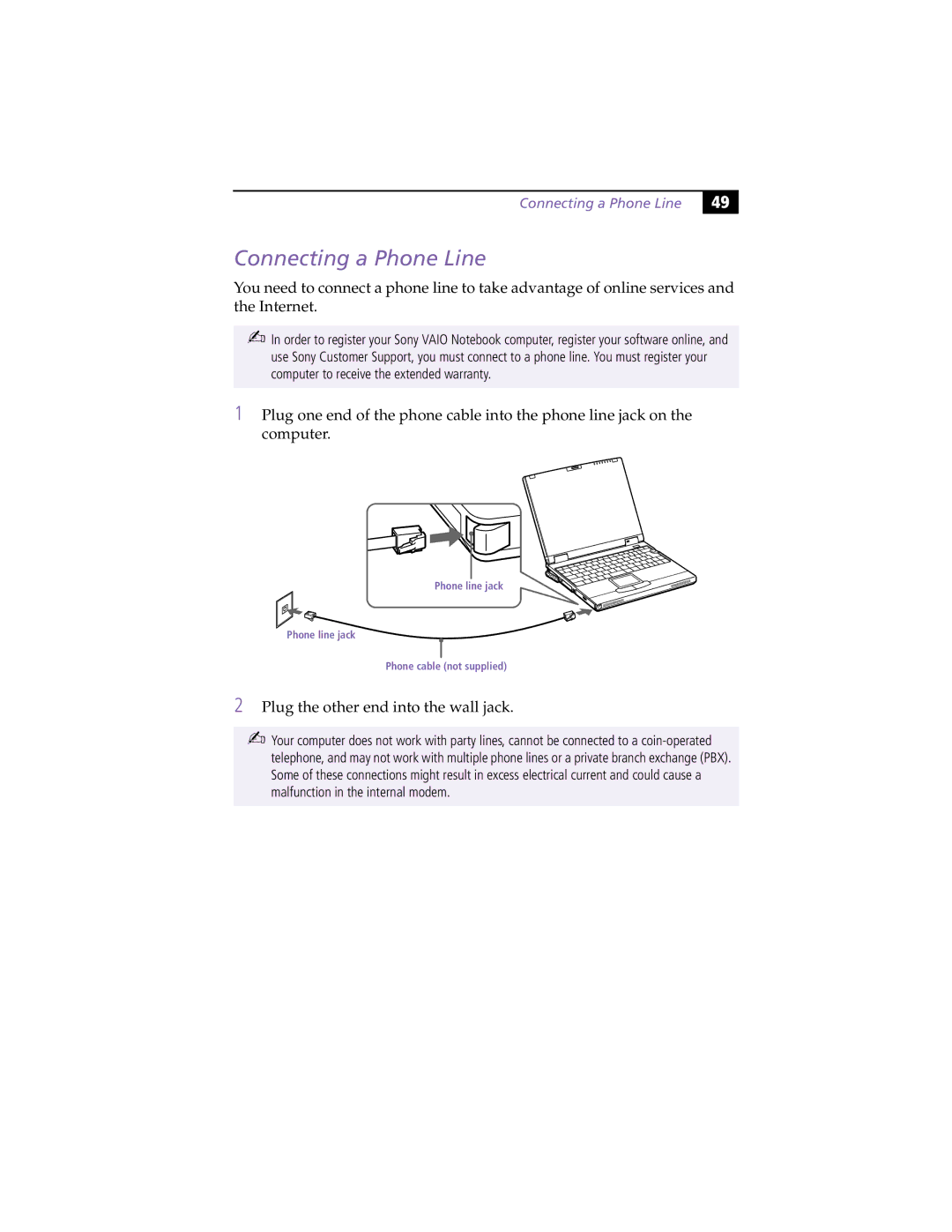 Sony PCG-XG9 manual Connecting a Phone Line 