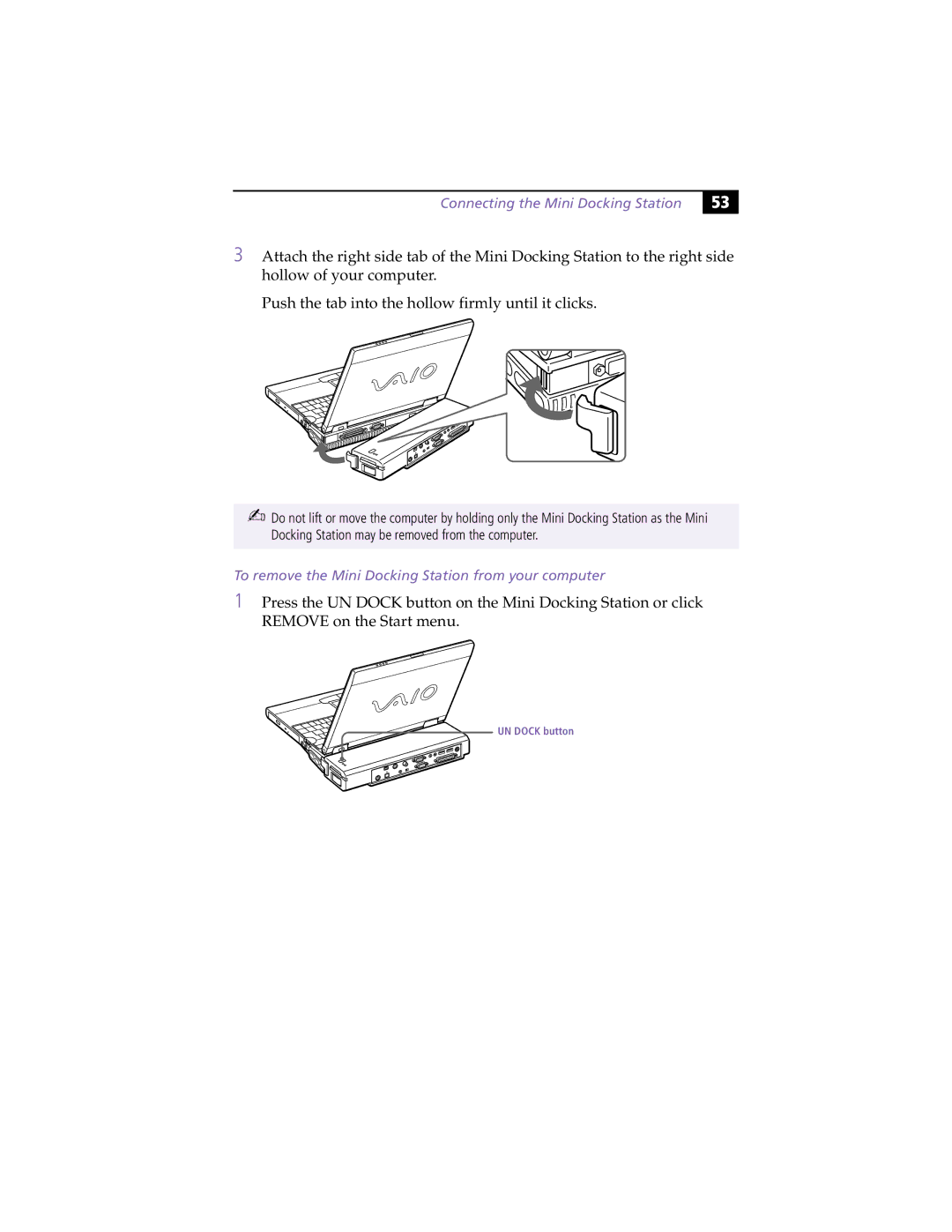 Sony PCG-XG9 manual To remove the Mini Docking Station from your computer 