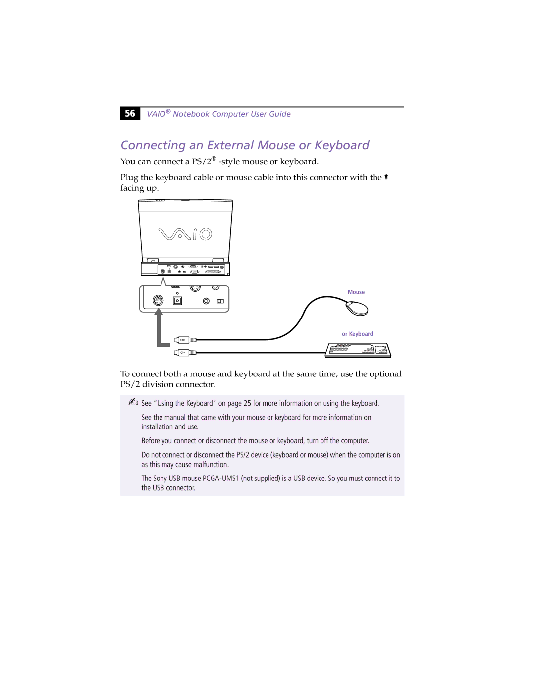 Sony PCG-XG9 manual Connecting an External Mouse or Keyboard 