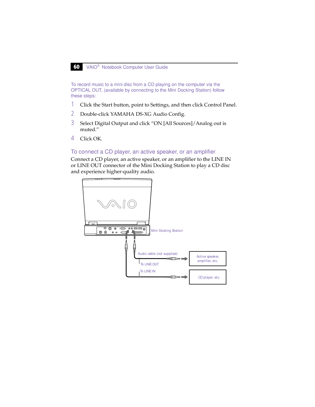 Sony PCG-XG9 manual To connect a CD player, an active speaker, or an amplifier 