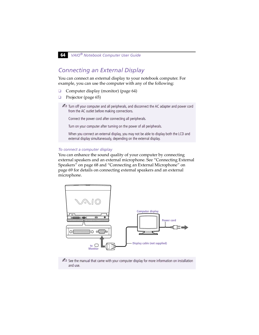 Sony PCG-XG9 manual Connecting an External Display, To connect a computer display 