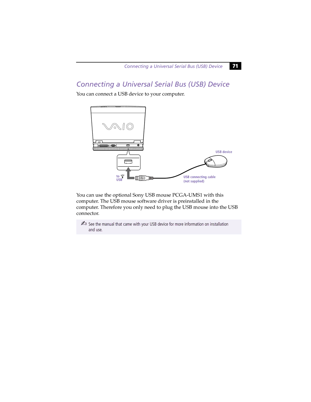 Sony PCG-XG9 manual Connecting a Universal Serial Bus USB Device 