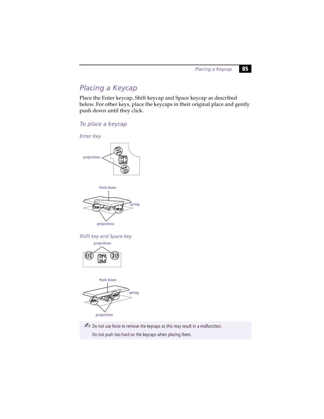 Sony PCG-XG9 manual Placing a Keycap, To place a keycap, Enter Key, Shift key and Space key 