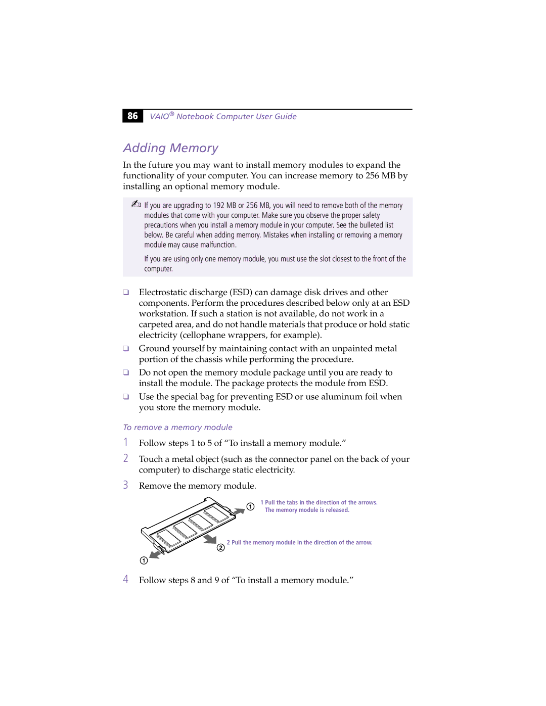 Sony PCG-XG9 manual Adding Memory, To remove a memory module 