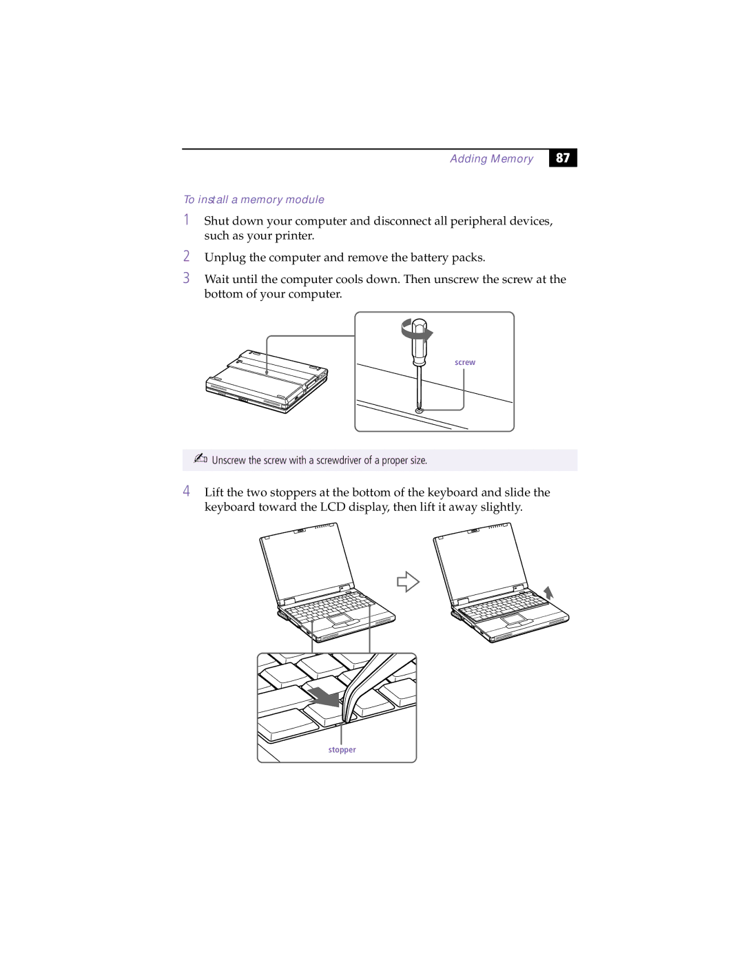 Sony PCG-XG9 manual Adding Memory To install a memory module 