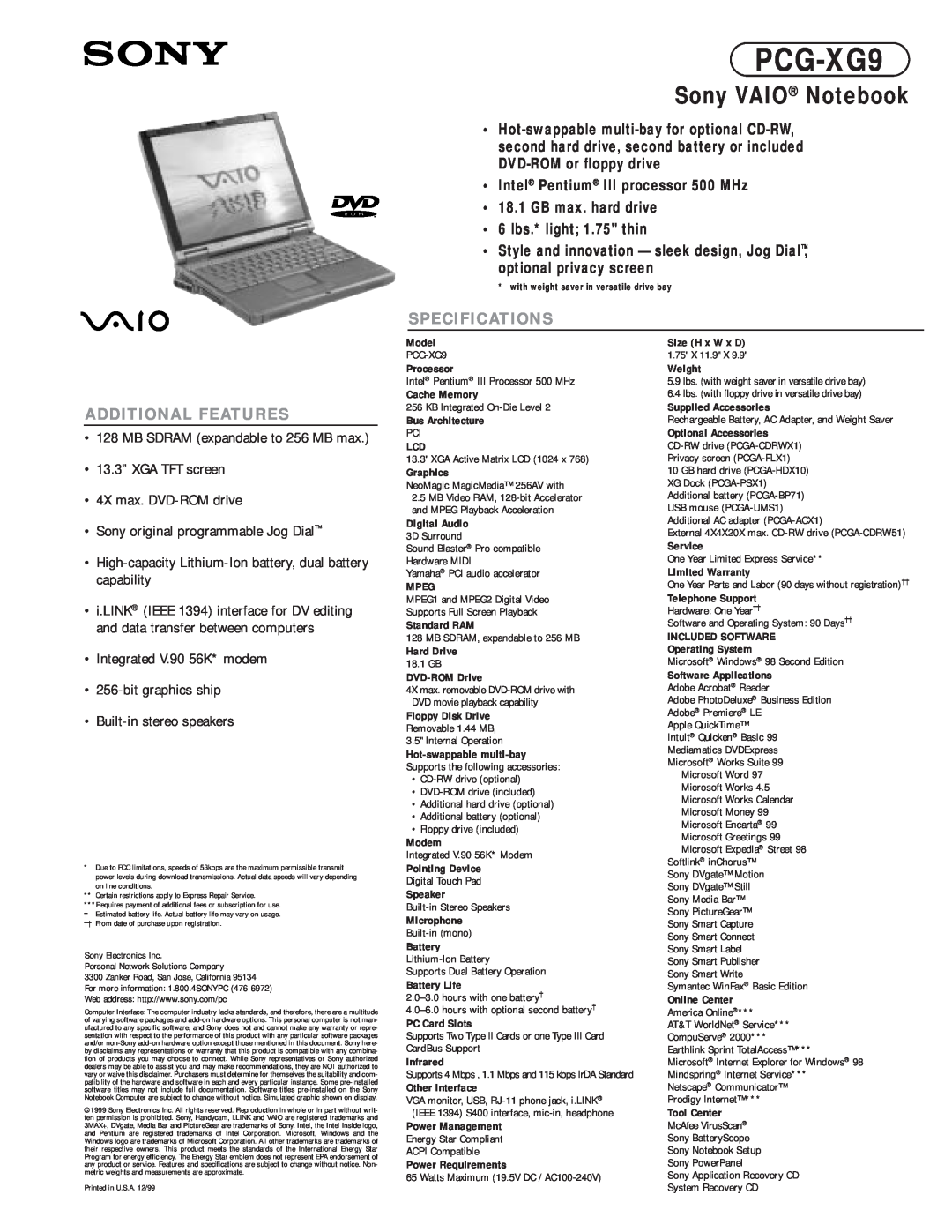 Sony PCG-XG9 specifications Sony VAIO Notebook, Intel Pentium III processor 500 MHz 18.1 GB max. hard drive 
