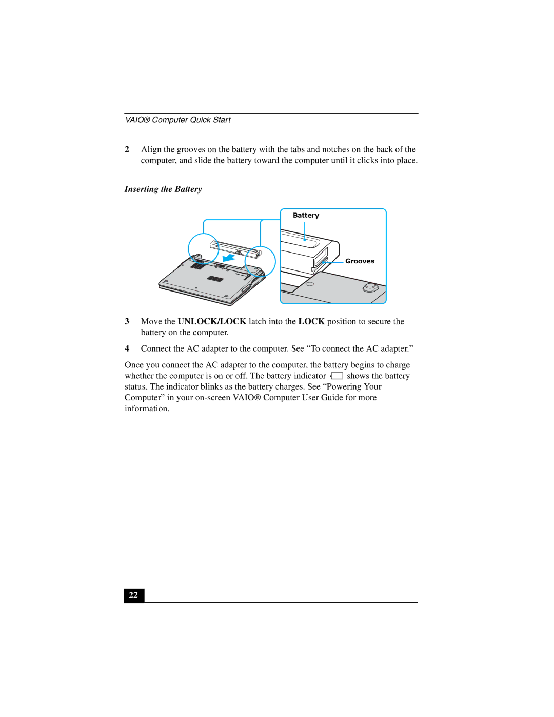 Sony PCG-Z1V quick start Inserting the Battery 