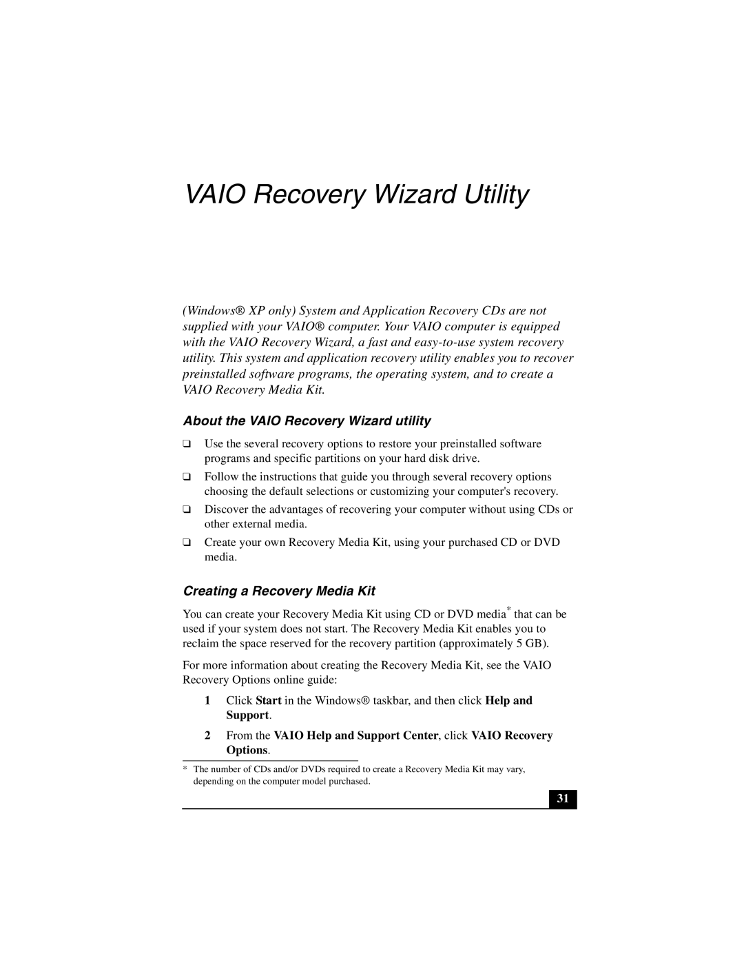 Sony PCG-Z1V quick start About the Vaio Recovery Wizard utility, Creating a Recovery Media Kit 