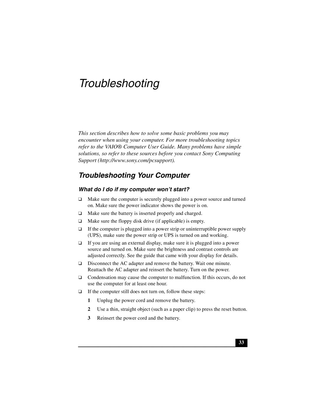 Sony PCG-Z1V quick start Troubleshooting Your Computer, What do I do if my computer won’t start? 