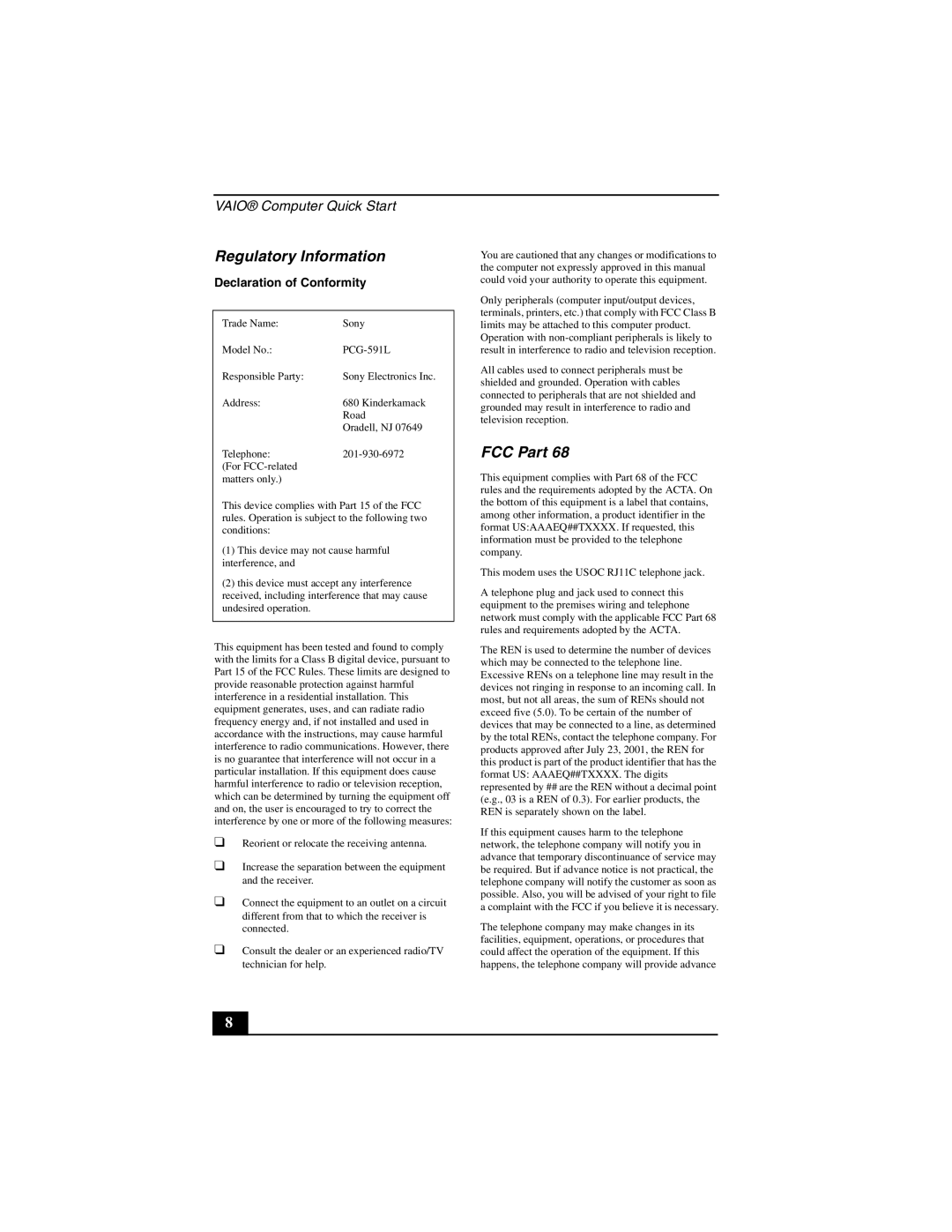 Sony PCG-Z1V quick start Regulatory Information, FCC Part 