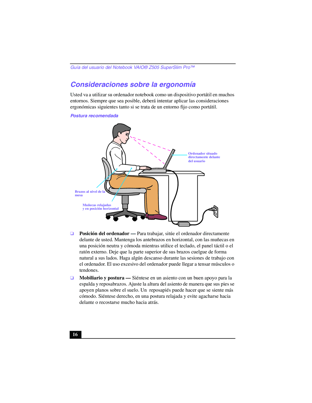 Sony PCG-Z505GE manual Consideraciones sobre la ergonomía, Postura recomendada 