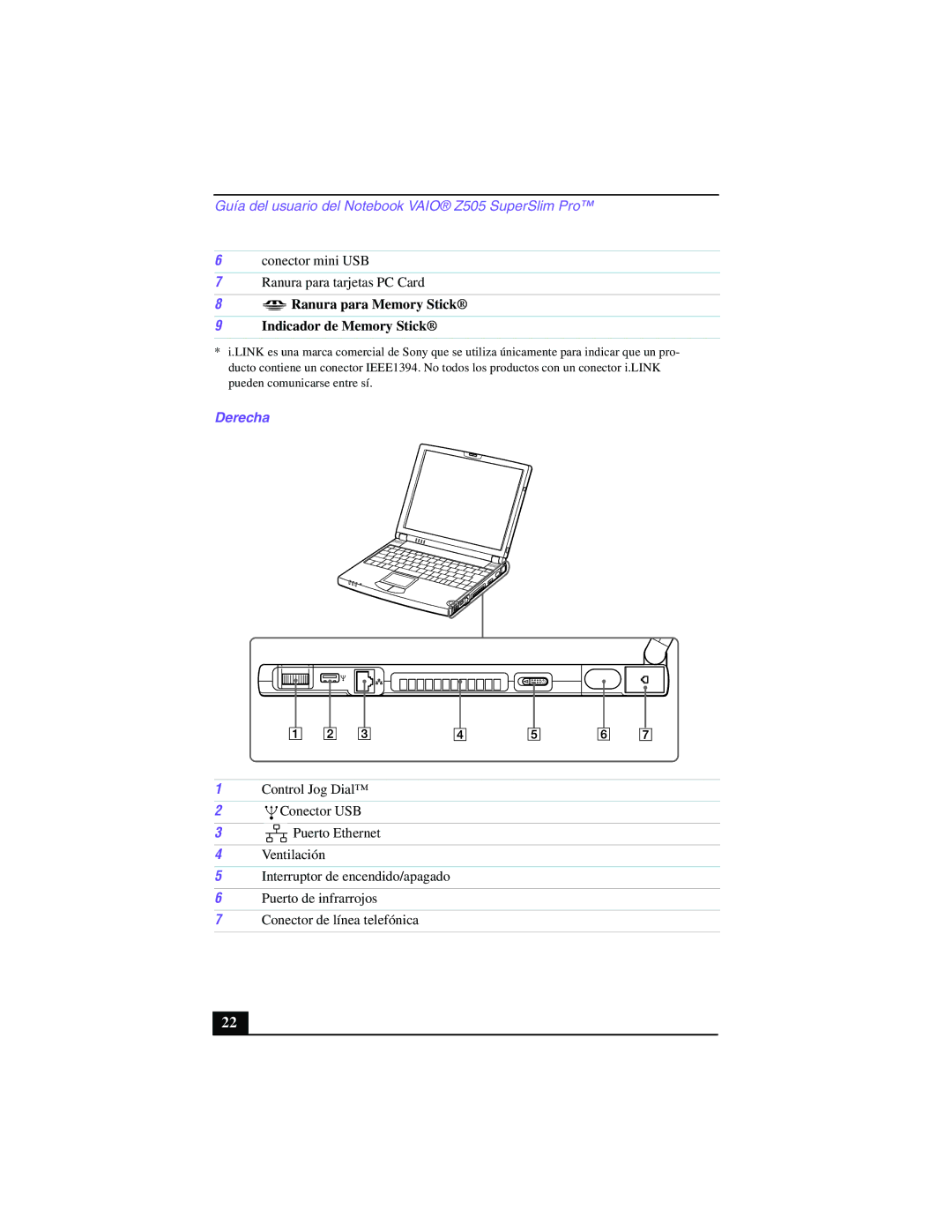 Sony PCG-Z505GE manual Ranura para Memory Stick Indicador de Memory Stick, Derecha 