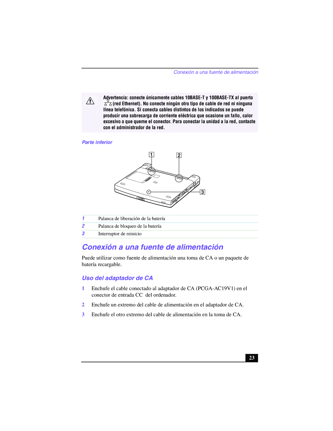 Sony PCG-Z505GE manual Conexión a una fuente de alimentación, Uso del adaptador de CA, Parte inferior 