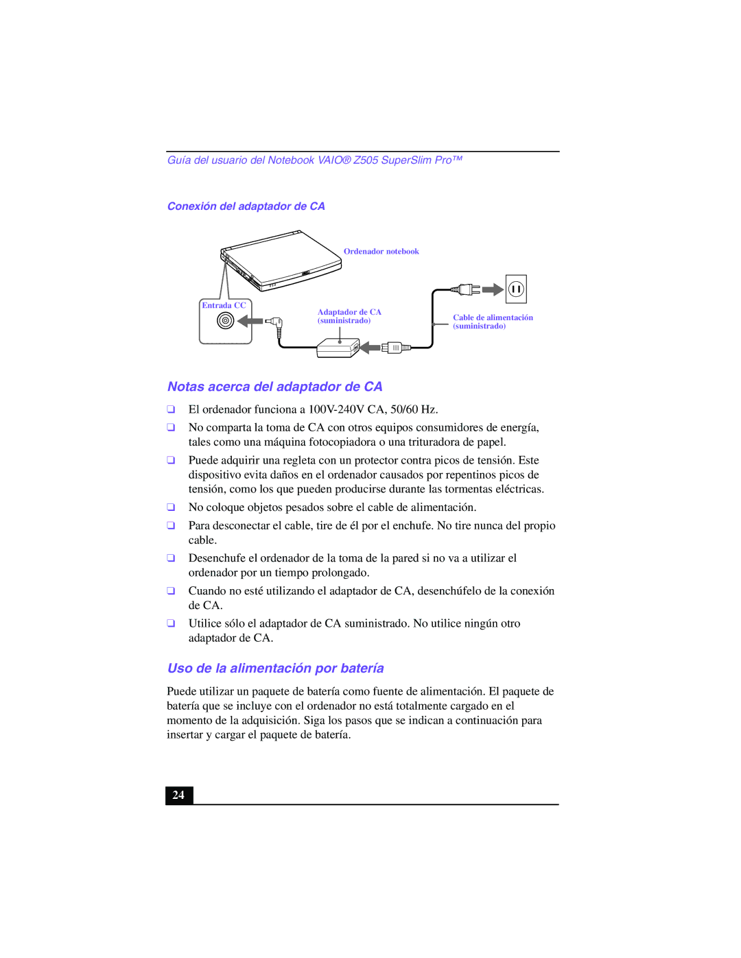 Sony PCG-Z505GE manual Notas acerca del adaptador de CA, Uso de la alimentación por batería, Conexión del adaptador de CA 