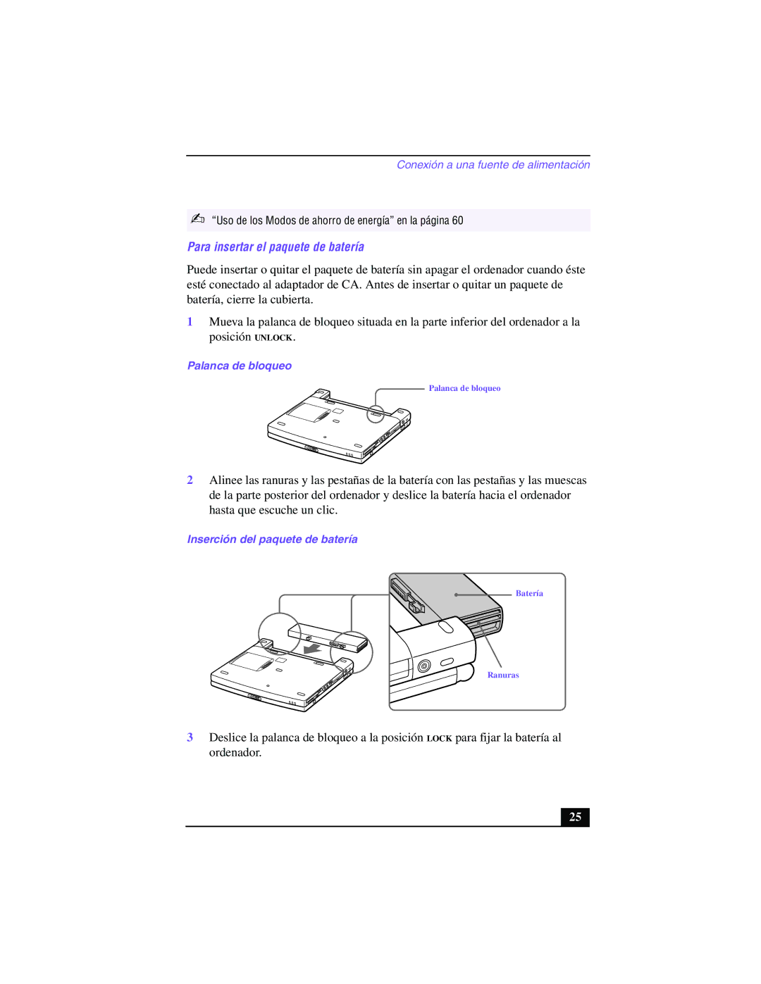 Sony PCG-Z505GE manual Para insertar el paquete de batería, Palanca de bloqueo, Inserción del paquete de batería 