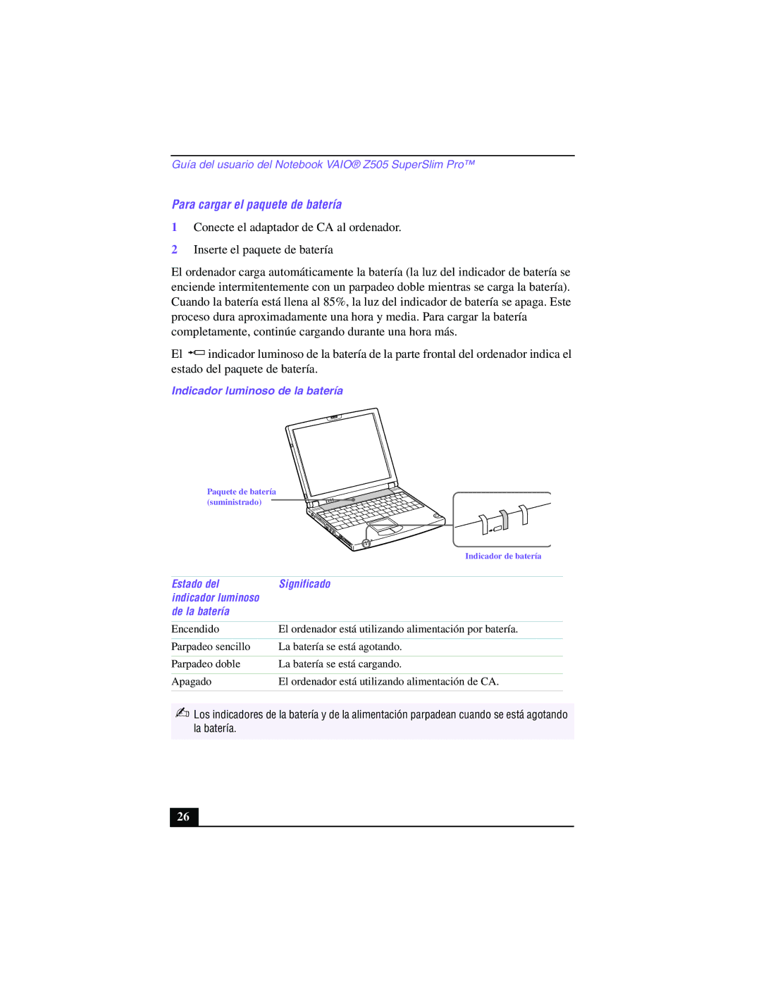 Sony PCG-Z505GE manual Para cargar el paquete de batería, Indicador luminoso de la batería 