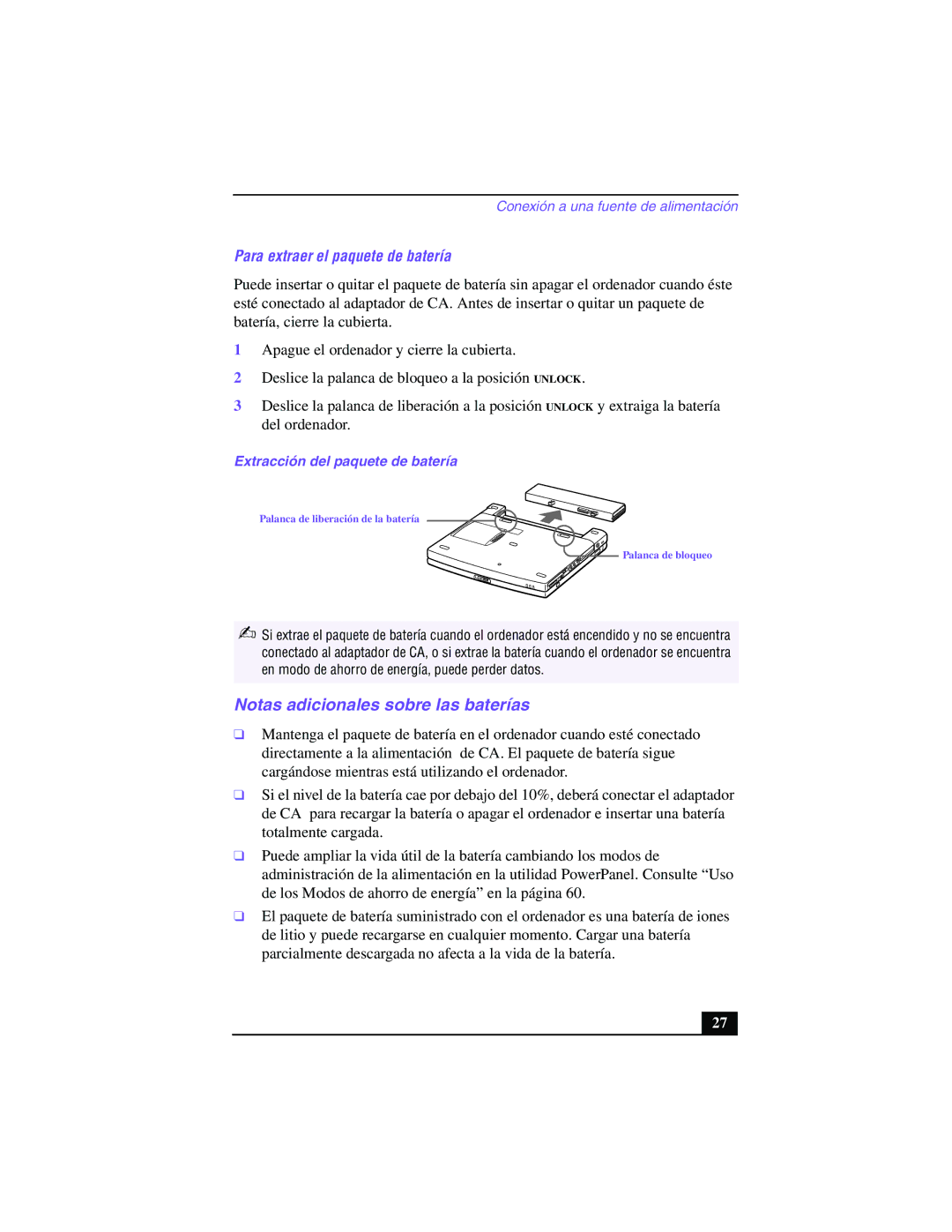 Sony PCG-Z505GE manual Notas adicionales sobre las baterías, Para extraer el paquete de batería 