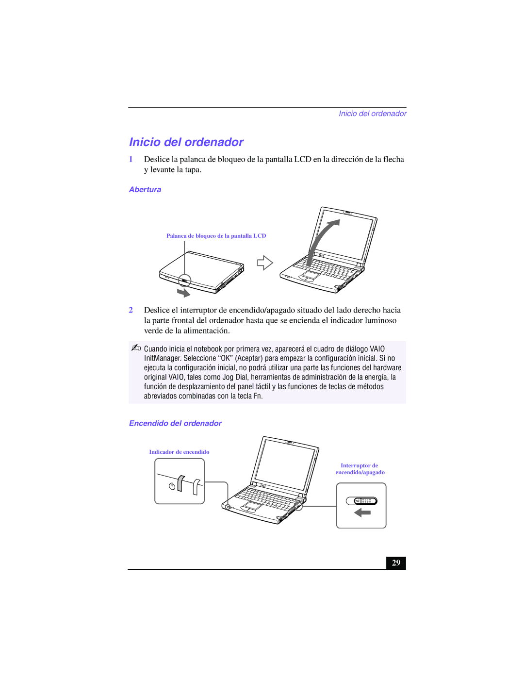 Sony PCG-Z505GE manual Inicio del ordenador, Abertura, Encendido del ordenador 