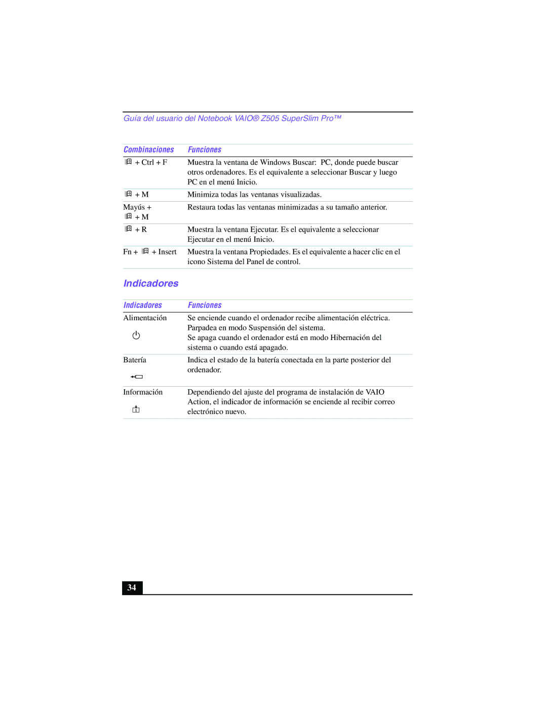 Sony PCG-Z505GE manual Indicadores Funciones 