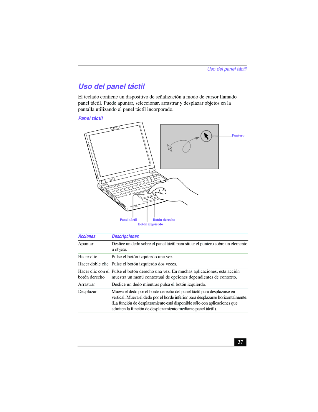 Sony PCG-Z505GE manual Uso del panel táctil, Panel táctil, Acciones Descripciones 