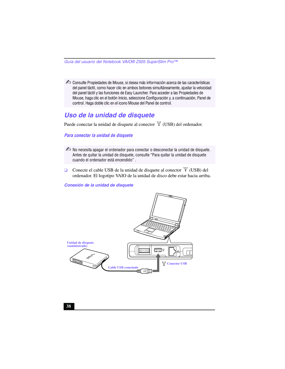 Sony PCG-Z505GE manual Uso de la unidad de disquete, Para conectar la unidad de disquete, Conexión de la unidad de disquete 