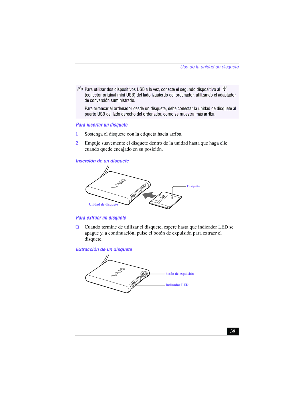 Sony PCG-Z505GE Para insertar un disquete, Para extraer un disquete, Inserción de un disquete, Extracción de un disquete 