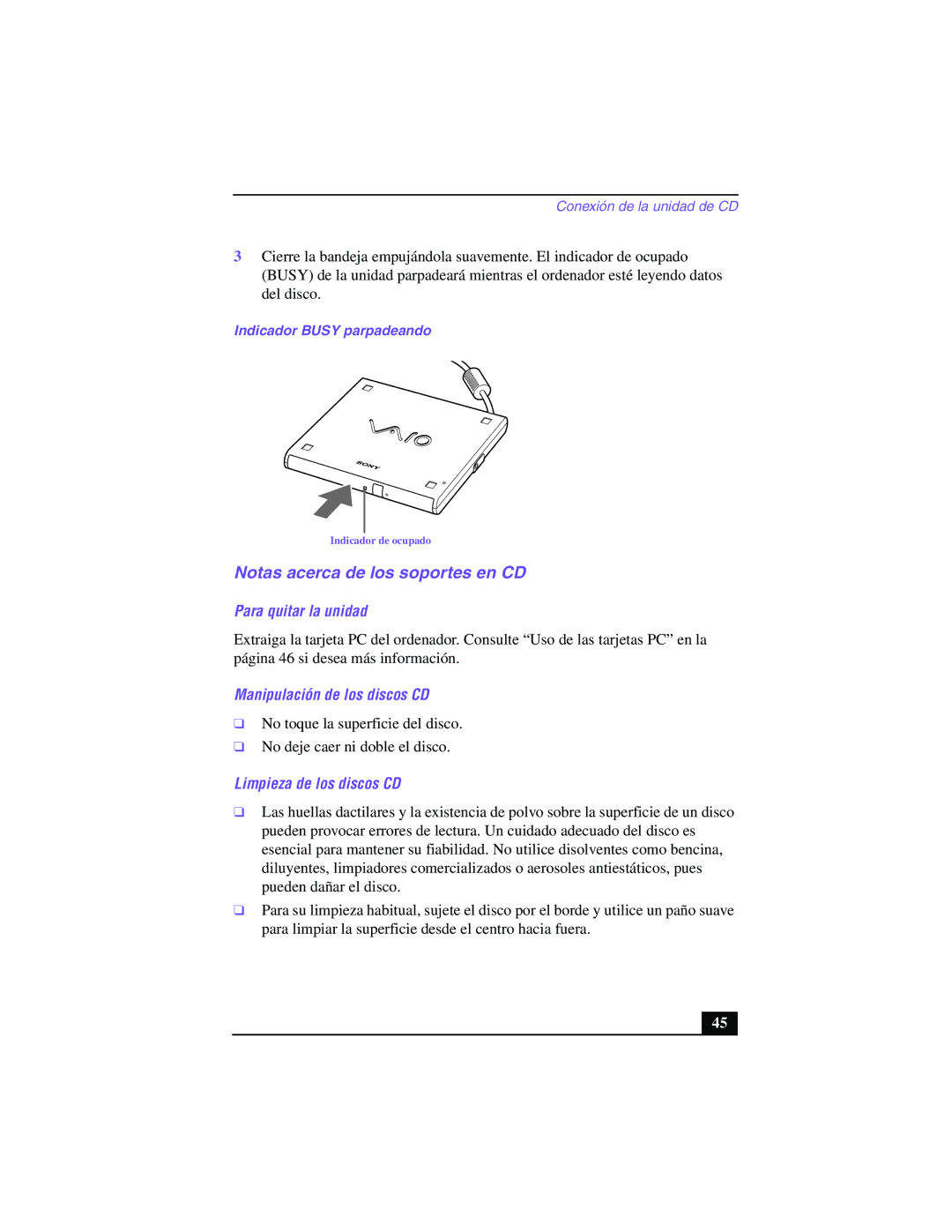 Sony PCG-Z505GE manual Notas acerca de los soportes en CD, Para quitar la unidad, Manipulación de los discos CD 