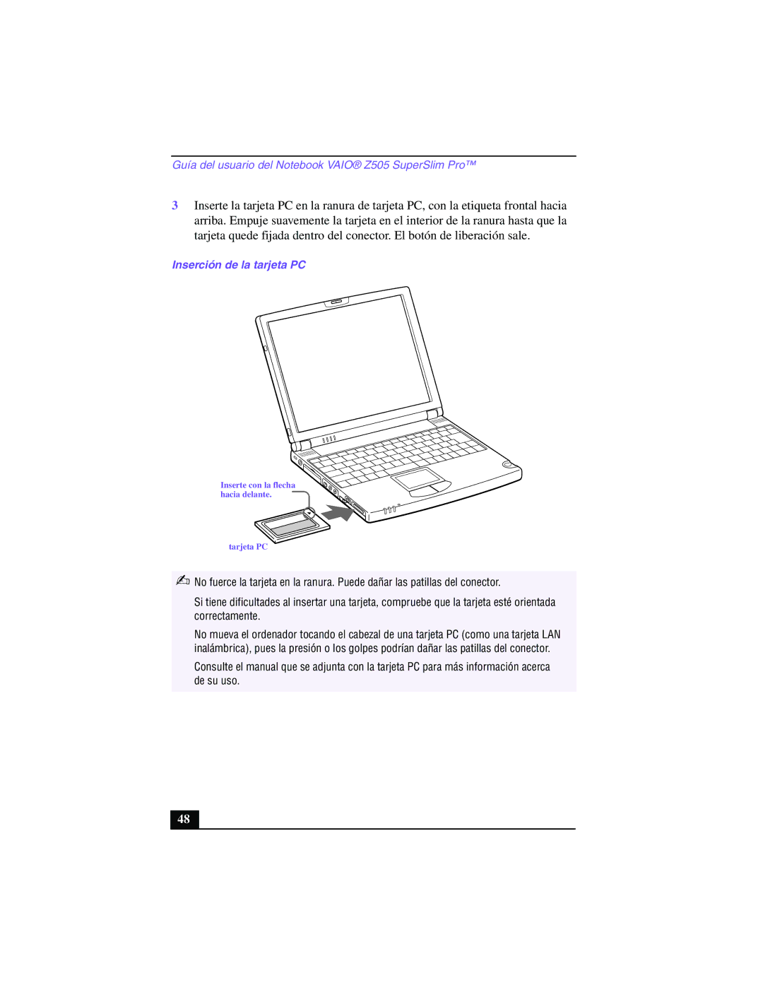 Sony PCG-Z505GE manual Inserte con la flecha hacia delante Tarjeta PC 