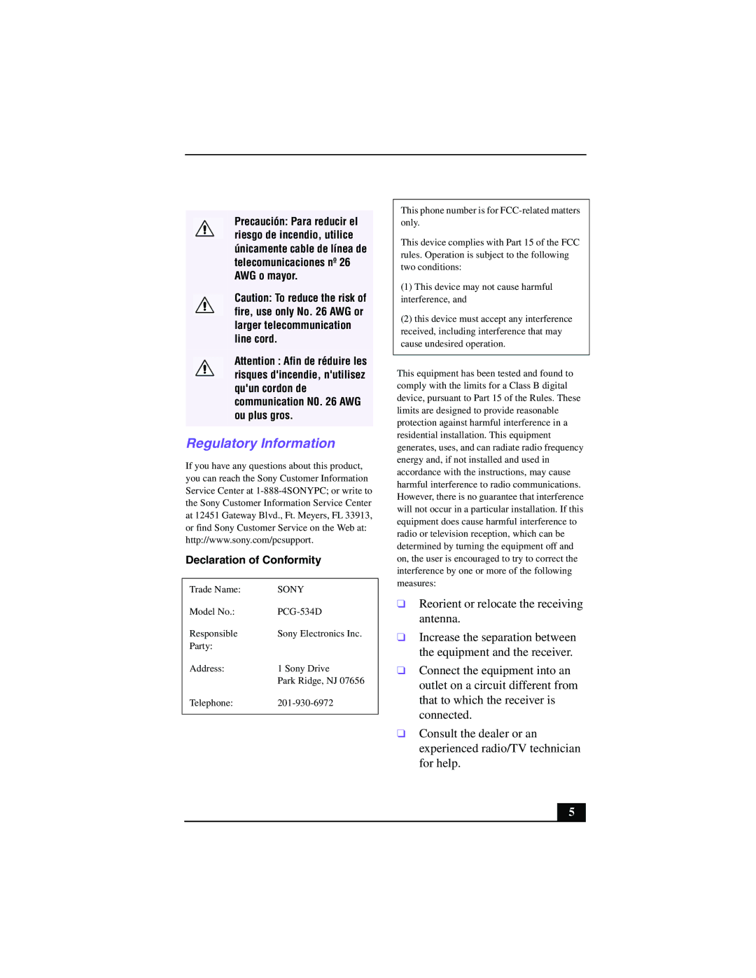 Sony PCG-Z505GE manual Regulatory Information, Declaration of Conformity 