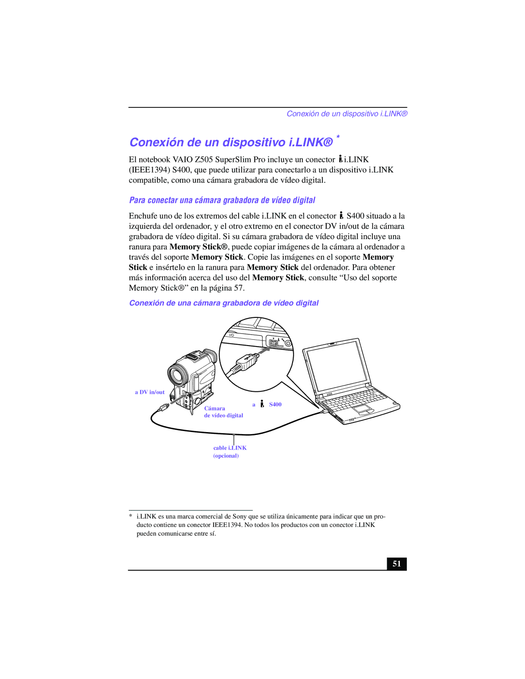 Sony PCG-Z505GE manual Conexión de un dispositivo i.LINK, Para conectar una cámara grabadora de vídeo digital 