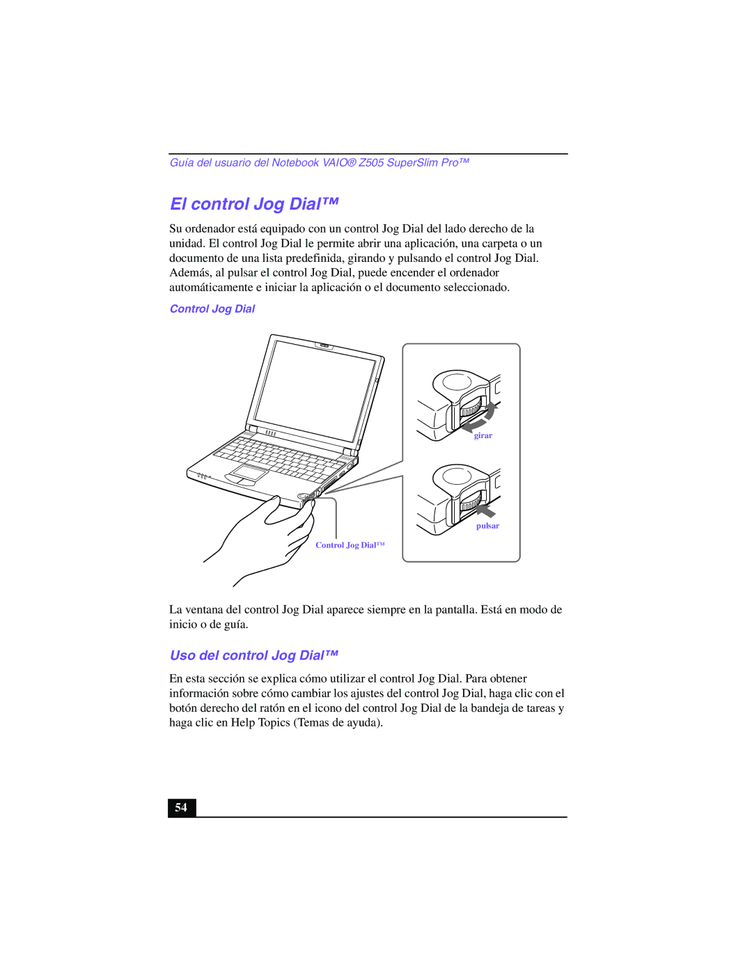 Sony PCG-Z505GE manual El control Jog Dial, Uso del control Jog Dial, Control Jog Dial 