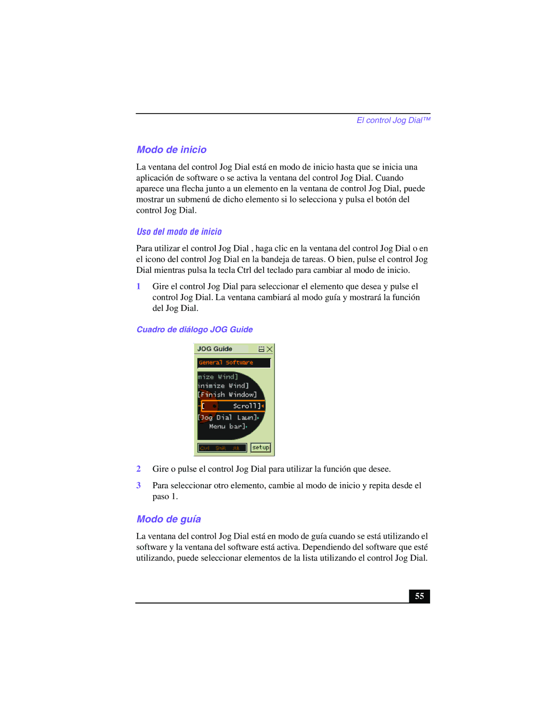 Sony PCG-Z505GE manual Modo de inicio, Modo de guía, Uso del modo de inicio, Cuadro de diálogo JOG Guide 