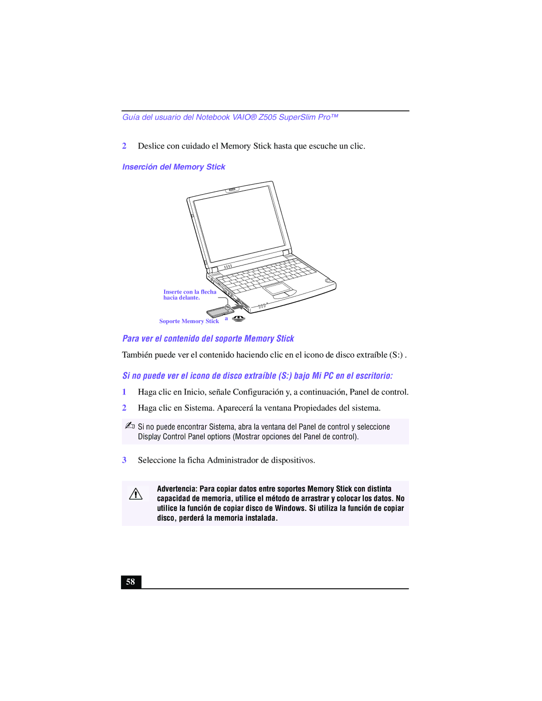 Sony PCG-Z505GE manual Para ver el contenido del soporte Memory Stick, Inserción del Memory Stick 